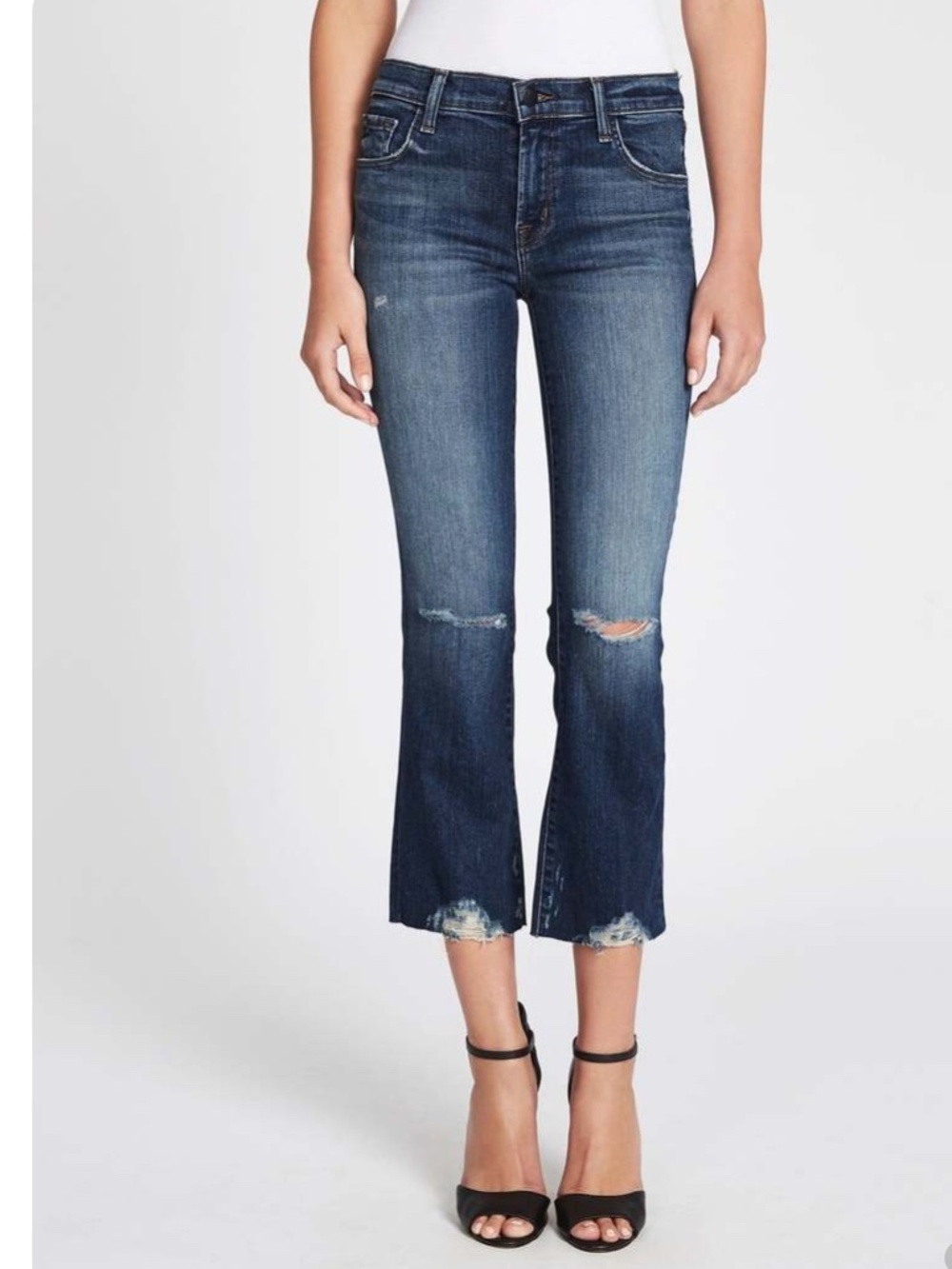 J Brand Selena Mid Rise Crop Revoke Destruct Distressed Kick Flares - Mid Wash